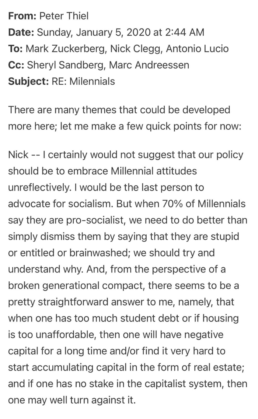Peter Thiel email on Millennials, capitalism, and socialism