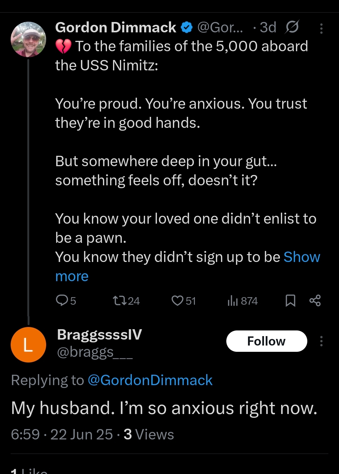 Screenshot of tweet from USS Nimitz sailor's wife