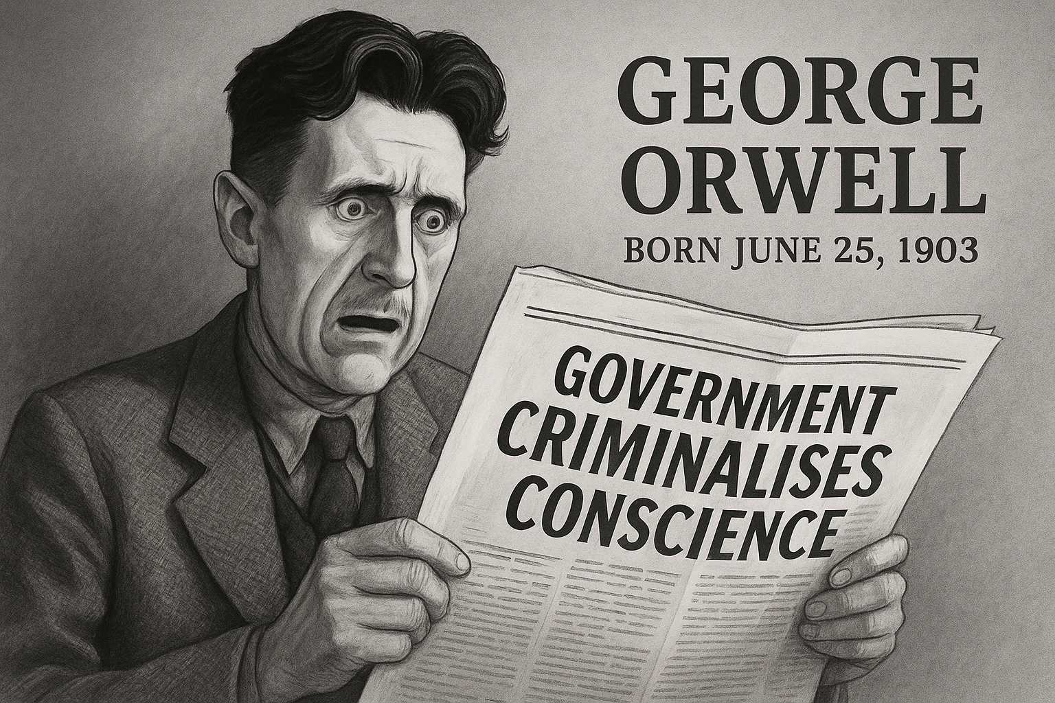 George Orwell reads a headline: 'Government Criminalises Conscience'