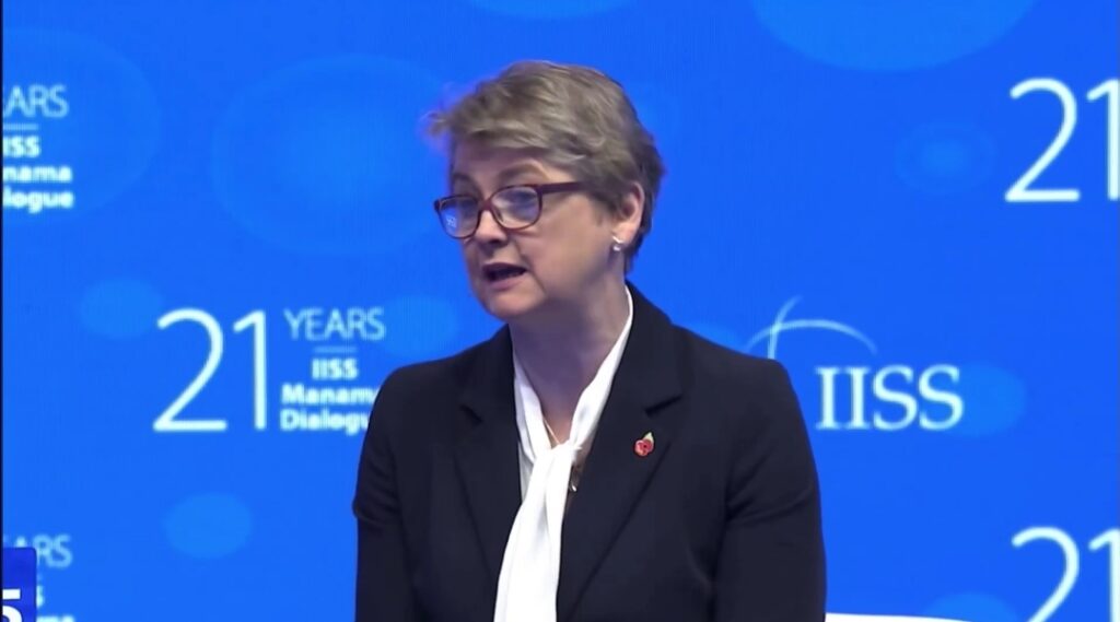 Yvette Cooper gives a speech at the UN meeting in Bahrain