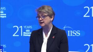 Yvette Cooper gives a speech at the UN meeting in Bahrain